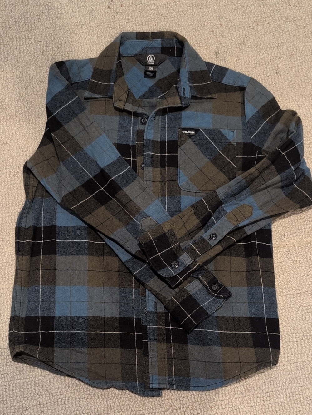 Volcom Boys Blue, Olive and Black Plaid Button-Down Shirt